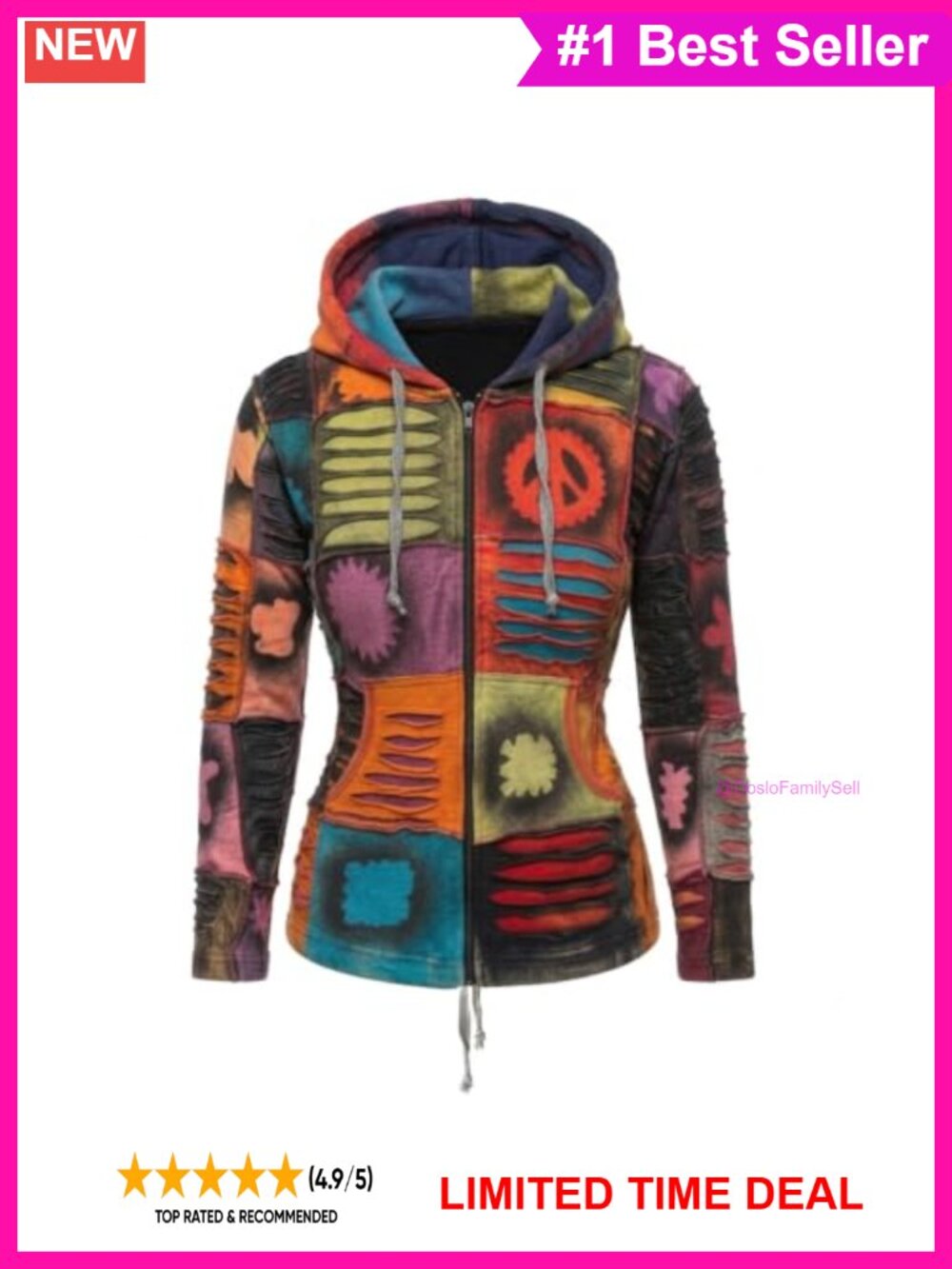 Slashed Patchwork Hoodie Jacket Boho Hippie Festival Boho Zip Up